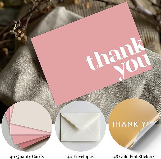 Paper Play Thank You Cards Bulk Pack of 40 Pink, 5x3.5 Inches with Matching Stickers & Envelopes, Minimalistic Design Suitable for Business, Baby Shower, Wedding, Small Business, Graduation, Funeral