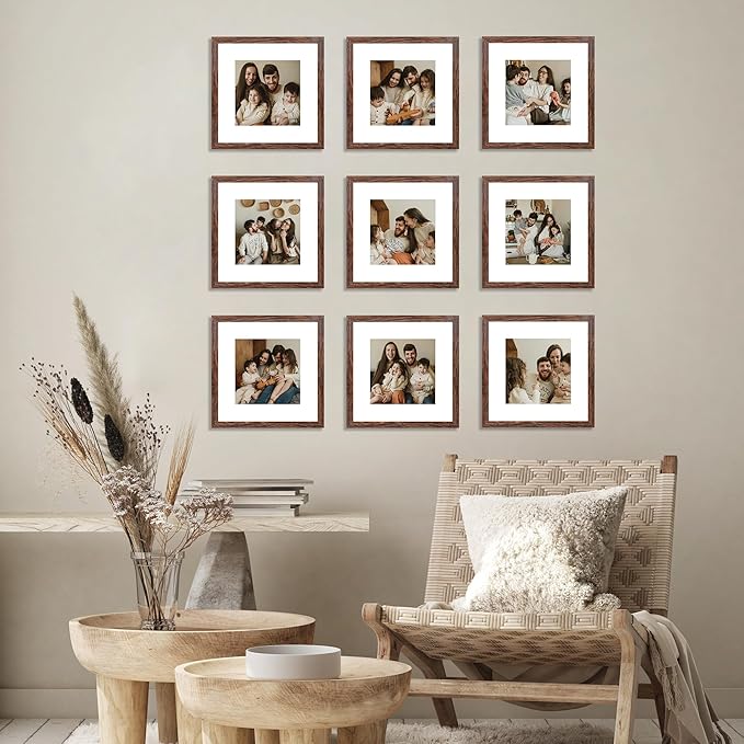 8x8 Picture Frame Set of 9, Photo Gallery Wall Frame Set, Display Pictures 4x4 with Mat or 8 x 8 Without Mat, Square Frame Picture Frames Collage Wall Decor, Rustic Brown
