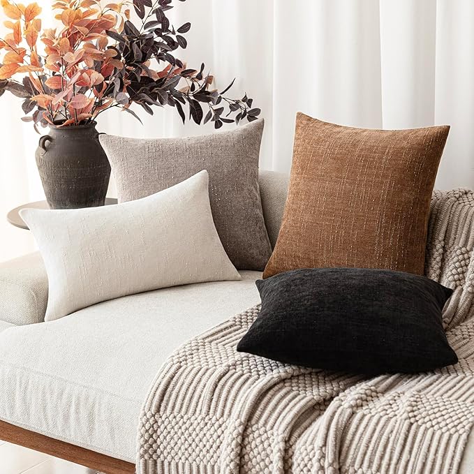 Foindtower Set of 2 Soft Textured Chenille Throw Decorative Pillow Covers Square Accent Solid Cushion Cover Cozy Neutral Farmhouse Pillow Case for Couch Sofa Bedroom Living Room 18x18 Inch,Light Taupe