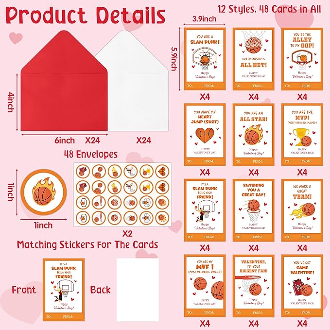 TICIAGA 144pcs Valentine’s Day Basketball Greeting Cards with Envelop and Stickers for Kids, 4 x 6 IN Sport Theme Exchange Gift Cards for Boys and Girls School Classroom Supplies, Valentines Party Favors