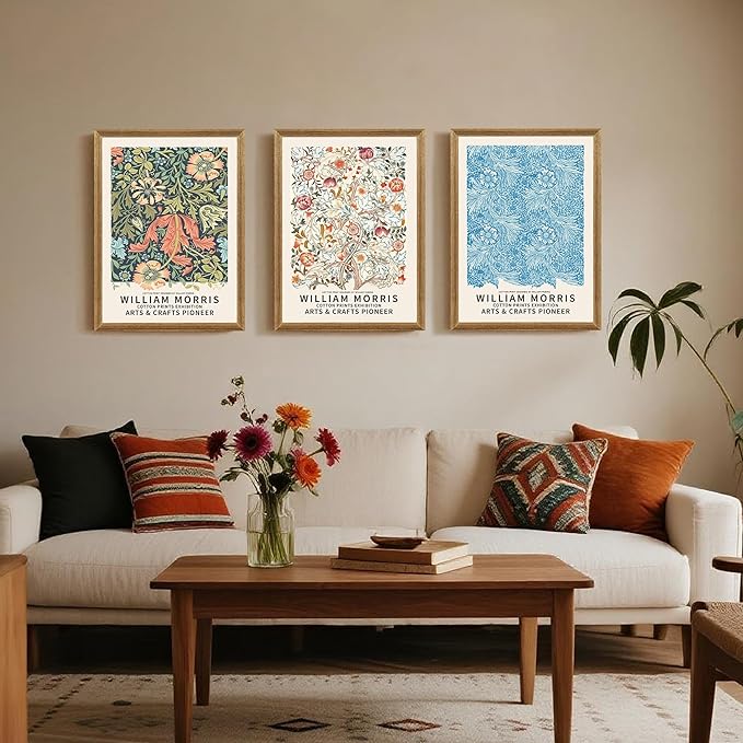 SYWENNOI 3 Pieces Wood Frames Vintage Floral Canvas Wall Art, William Morris Textured Art Wall Decor, Greens Indigos and Terracottas Botanical Designs Prints for Living Room Bedroom Offices 12x16 In