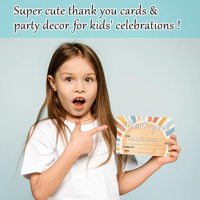 Boho Kids Thank You Cards, Boho Sunshine Thank You Card For Baby Shower Birthday Party, Kids Birthday Cards Fill In The Blank, 20 Pack Cute Greeting Cards With Envelopes For Boys And Girls, 002