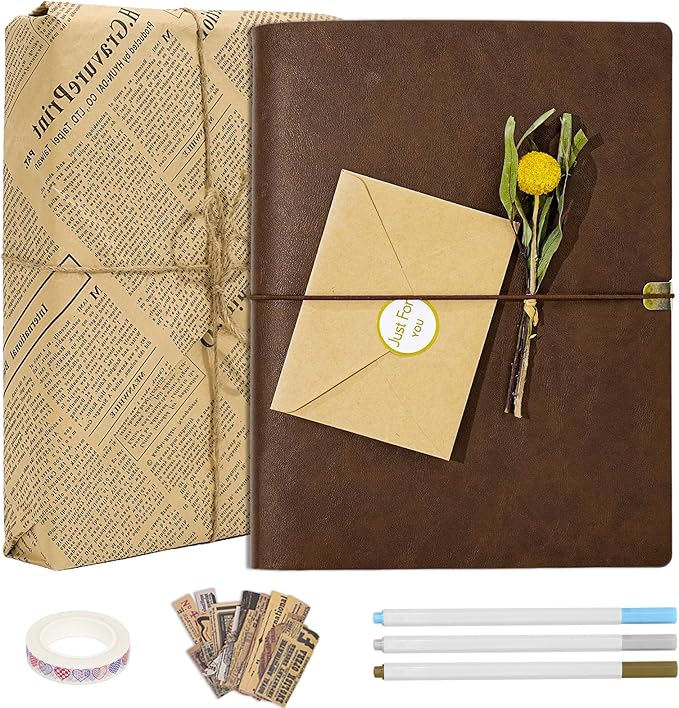 Vienrose Photo Album Scrapbook Kit, 3 Ring Faux Leather Cover DIY Memory Book Kraft Paper with 50 Sheets 100 Pages, Vintage Scrapbooking Supplies Set for Wedding, Anniversary, Family, Gifts, Brown