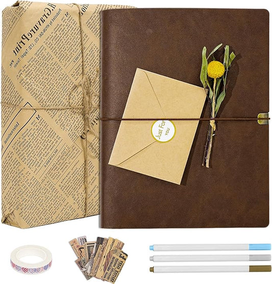 Vienrose Photo Album Scrapbook Kit, 3 Ring Faux Leather Cover DIY Memory Book Kraft Paper with 50 Sheets 100 Pages, Vintage Scrapbooking Supplies Set for Wedding, Anniversary, Family, Gifts, Brown