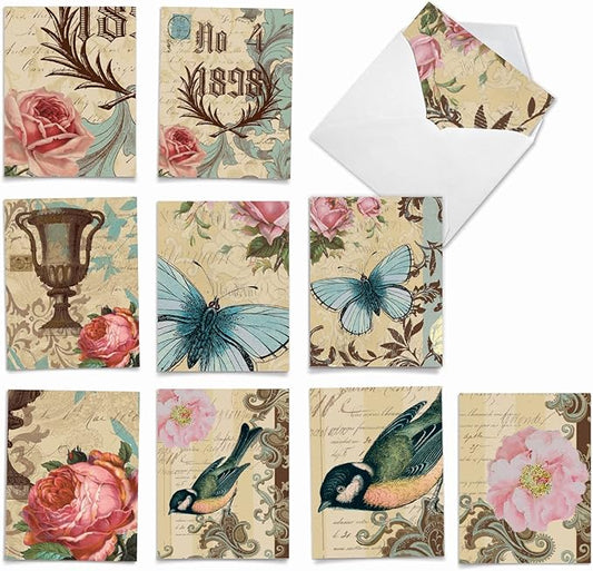 The Best Card Company - 10 Retro Blank Cards with Envelopes (4 x 5.12 Inch) - Artistic Boxed Assortment, Vintage Note Cards - Victorian Garden M3972