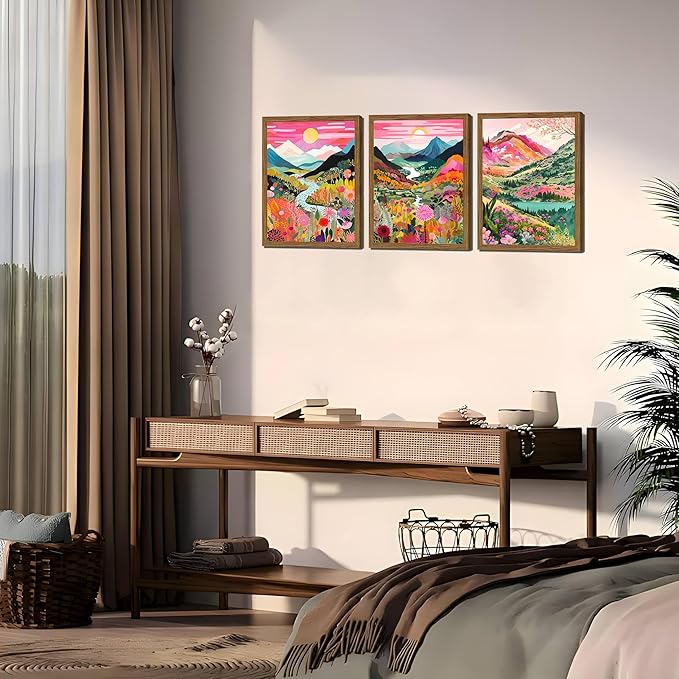 Boho Colorful Mountain Wall Art Set of 3, Abstract Watercolor Landscape Flower Wall Decor Paintings, Modern Nature Sunset Forest Posters Prints for Living Room, Bedroom 16x24 Inch Wood Framed