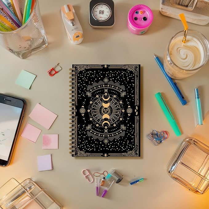 Sun and Moon Witchy Notebook, Witch Gothic Celestial Journal, Witchy Gifts for Women, Mystical Gold Moon Tarot Card Spiral Journal Notebook, 5.5x8.3 Inch