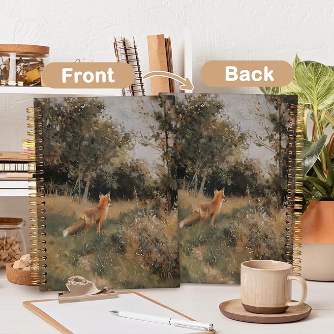 MOFUYU Fox Spiral Notebook Journal,Fox Gifts,Vintage Notebooks for School,College Ruled Hardcover Spiral Notebook Journal for Work Notes Journaling,Fox Journal Gifts 5.5x8.3