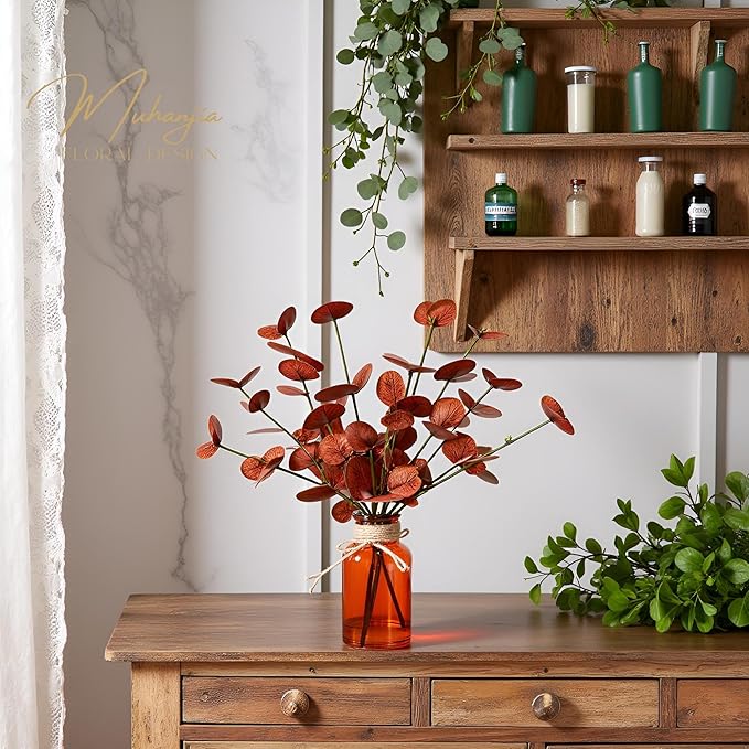 Muhanjia Artificial Eucalyptus Stems in Amber Glass Vase with Faux Water,3Pcs Fake Plant with Double-Sided Terracotta Leaves for Centerpiece (Double-Sided Terracotta Eucalyptus)