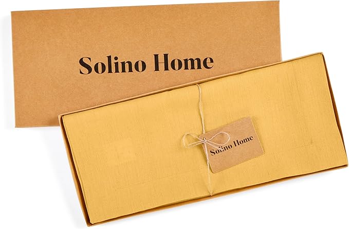Solino Home Linen Table Runner 108 Inches Long - 100% Pure Linen Mustard Yellow Table Runner 14 x 108 Inch for Spring, Easter - Fete