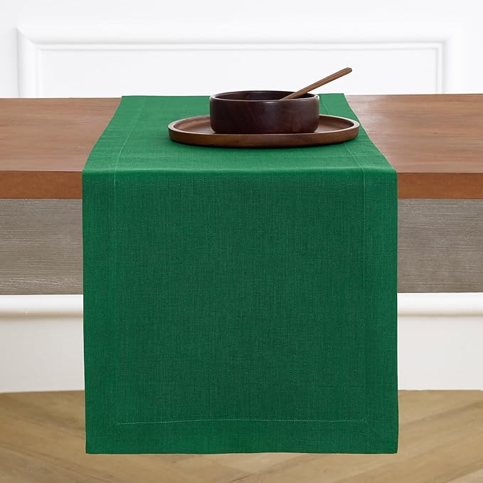 Solino Home Linen Table Runner 108 Inches Long - 100% Pure Linen Christmas Green Dining Table Runner 14 x 108 Inch for St Patricks Day - Fete