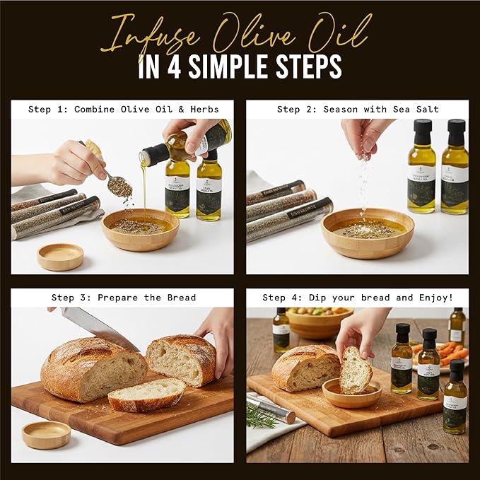 Infused Olive Oil Gift Set – Variety Pack - 4 Flavored Olive Oil Extra Virgin, 3 Spice Flavorful Infusion Blends, Bread Dipping Bowl & Recipe Booklet - Set of 8 – Gourmet Cooking Gifts for Women
