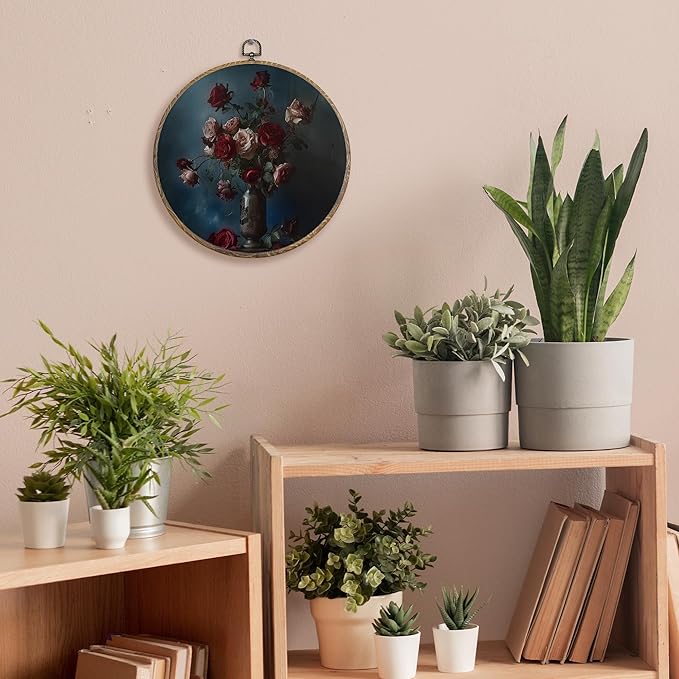 FUGWN Dark Moody Rose Round Wall Art Decor Framed, Dark Academia Floral Canvas Artwork Prints, Retro Red Rose Flower Botanical Wall Hanging Decorations for Home Living Room Bedroom, 10x10 Inch