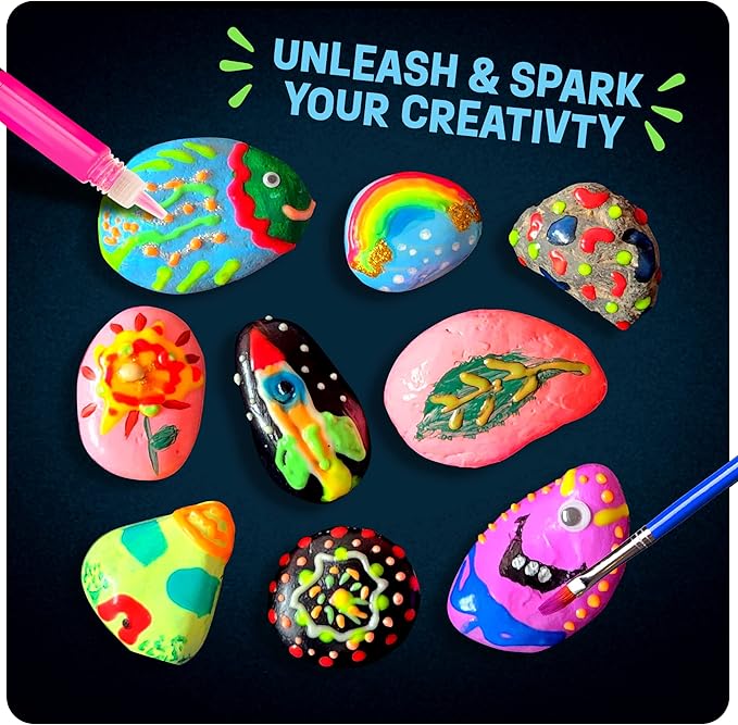 Dan&Darci Kids Rock Painting Kit - Glow in The Dark - Christmas Gifts Arts & Crafts for Boys and Girls Ages 6-12 - Craft Activities Kits - Creative Art Toys for 6, 7, 8, 9, 10, 11 & 12 Year Old Kid