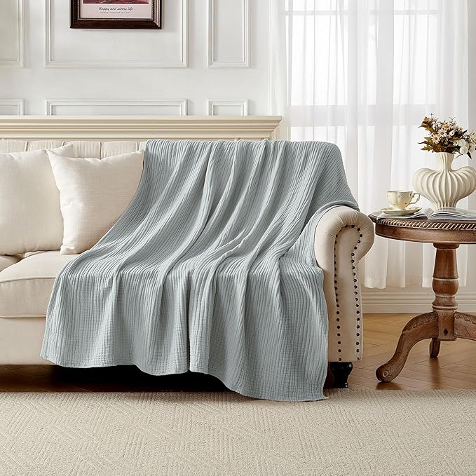 Joydeco 100% Cotton Muslin Throw Blanket for Couch Bed and Sofa, 4-Layer Lightweight and Breathable Soft Gauze Blanket for All Season, Luxury Throws Cotton Blanket Gift(Grey, 50"x70")