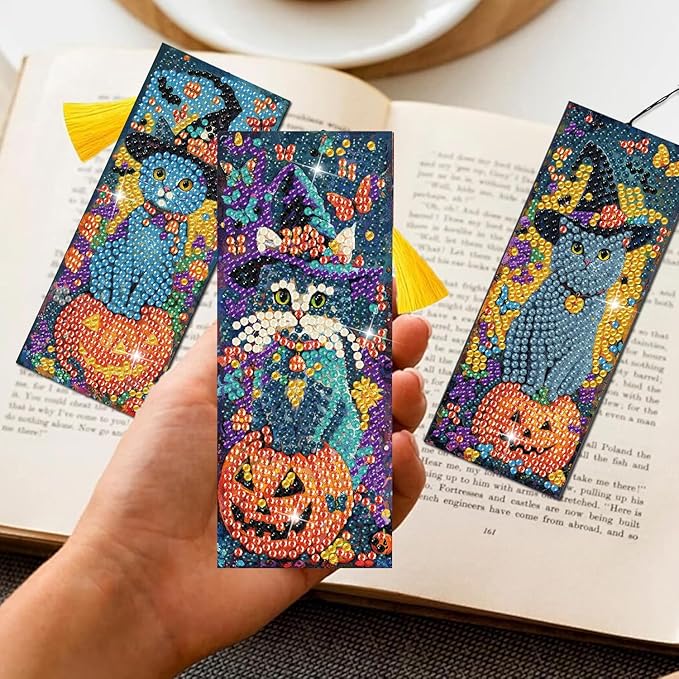 Puraikcmi 6 PCS 5D DIY Diamond Art Bookmarks Kit Cats Diamond Paintings Bookmarks Kits with Tassels Acrylic, Rhinestone Crafts Decoration Gift Set for Book Lovers Beginners & Adults