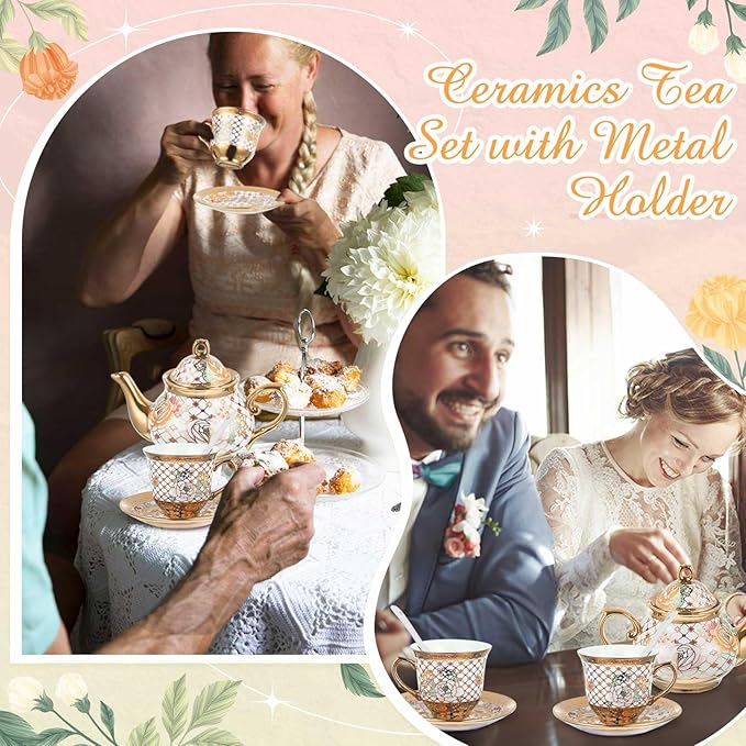 Zhehao 20 Pcs Porcelain Tea Set with Metal Holder and Spoon Adult Ceramic Tea Set European Flower Painting Teapot Cup Saucer Spoon for Women, Large Version(Delicate Style)