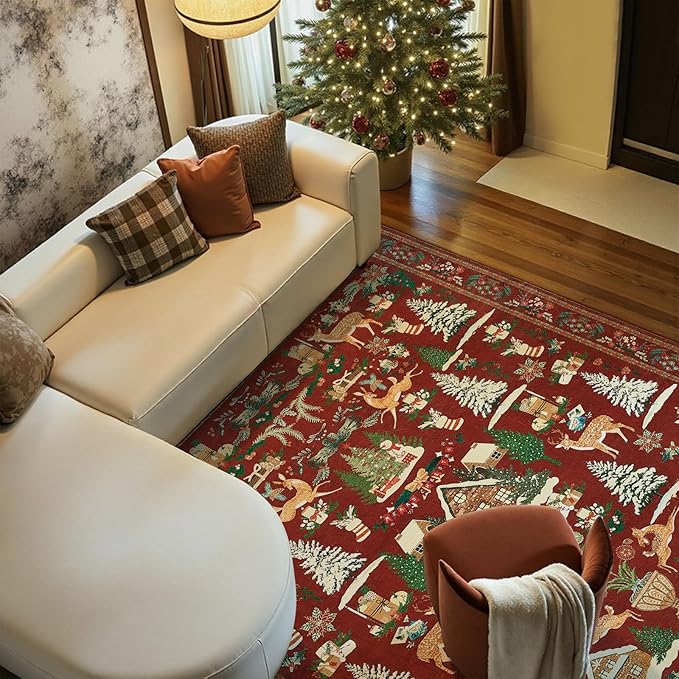 jinchan Christmas Rug 8x10 for Living Room Bedroom Maroon Holiday Decorative Rug for Dining Room Christmas Tree and Cabin Printed Large Xmas Decor Indoor Washable Non Slip Floor Carpet