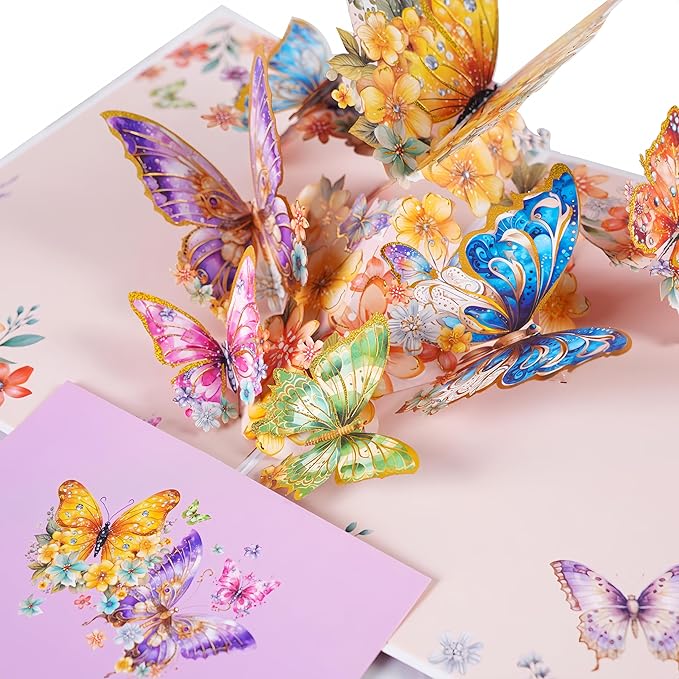 3D Bouquet Butterflys Orange Pop Up Thank you Card, Teacher Appreciation Card, Handmade Flowers Box Greeting Cards with Note and Envelope for New Year Anniversary