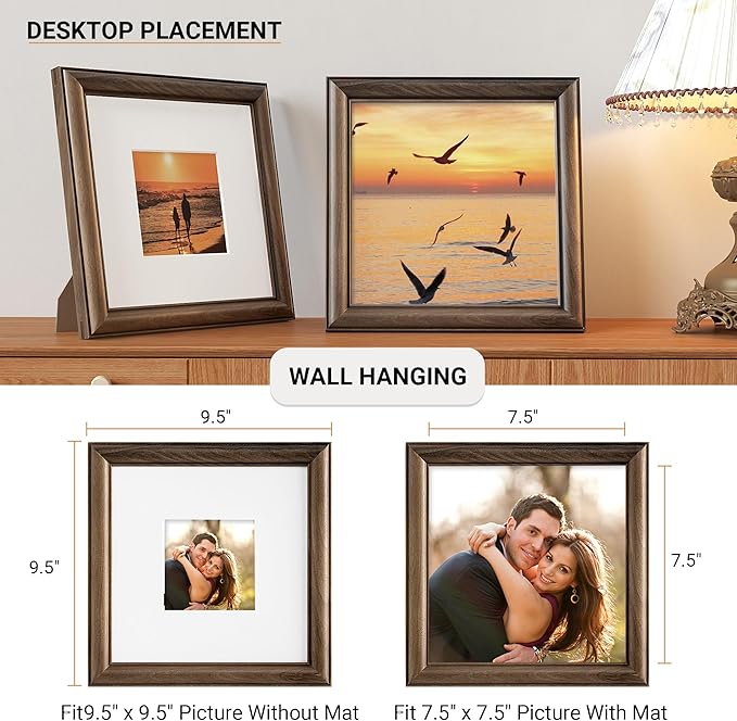 Heimlove 8x8 Picture Frame,8 x 8 Natural Solid Walnut Wood Square Frame with Tempered Glass,8"x8" Handcrafted Wood Frame Matted to 4x4 Photos for Wall or Tabletop Art Photo and Prints,3 Pack