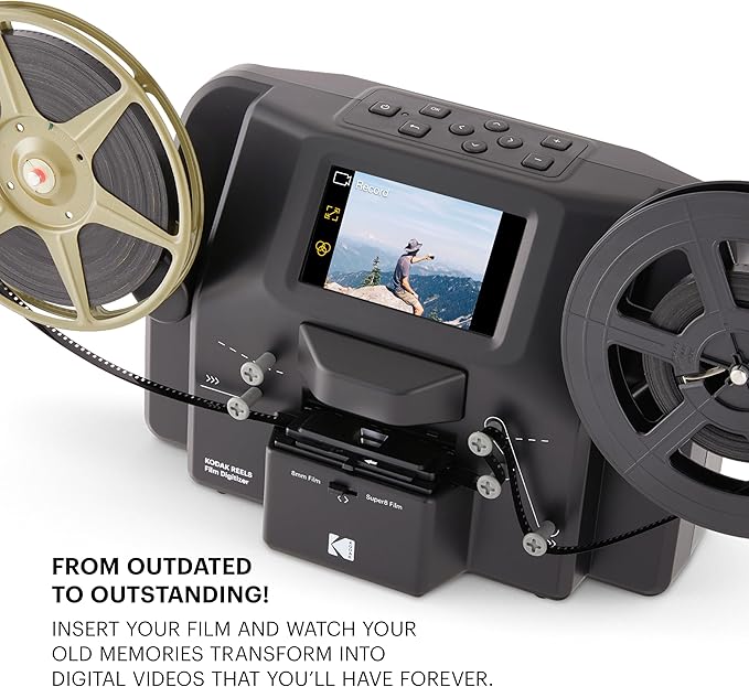 KODAK REELS 8mm & Super 8 Films Digitizer Converter with Big 5” Screen, Scanner Converts Film Frame by Frame to Digital MP4 Files for Viewing, Sharing & Saving on SD Card for 3” 4” 5” 7” and 9” Reels
