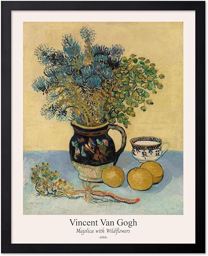 Monem Art Vintage Van Gogh Poster - Retro Majolica with Wildflowers Print - Impressionism Art - Flower Art - Fine Art - Classic Painting Art - Floral Living Room Decor - 16x20 Black Framed