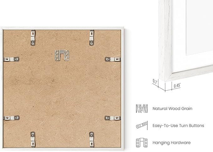 HAUS AND HUES White Oak Wood 12x12 Picture Frame - Square Frame Matted to 8x8, Minimalist White Frame for Gallery Wall or Posters (12x12 in, White, Set of 1)