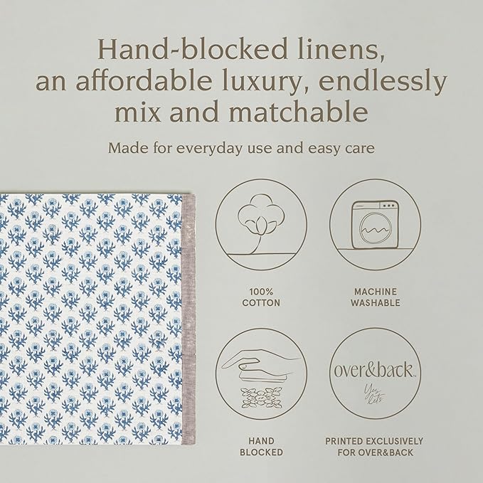 Over&Back Set of 4 Hand-Blocked Placemats - Colorful Dining Table Mat - Each Placemat is Unique - 100% Cotton - Machine Washable - Kitchen and Home Decor - Blue Blossom