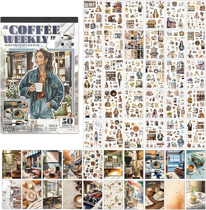 Snycler 2 Books Scrapbooking Stickers - 500 Pre-Cut Washi Stickers & 20 Scrapbook Papers Coffee and People Sticker Books for journaling Scrapbooking Supplies