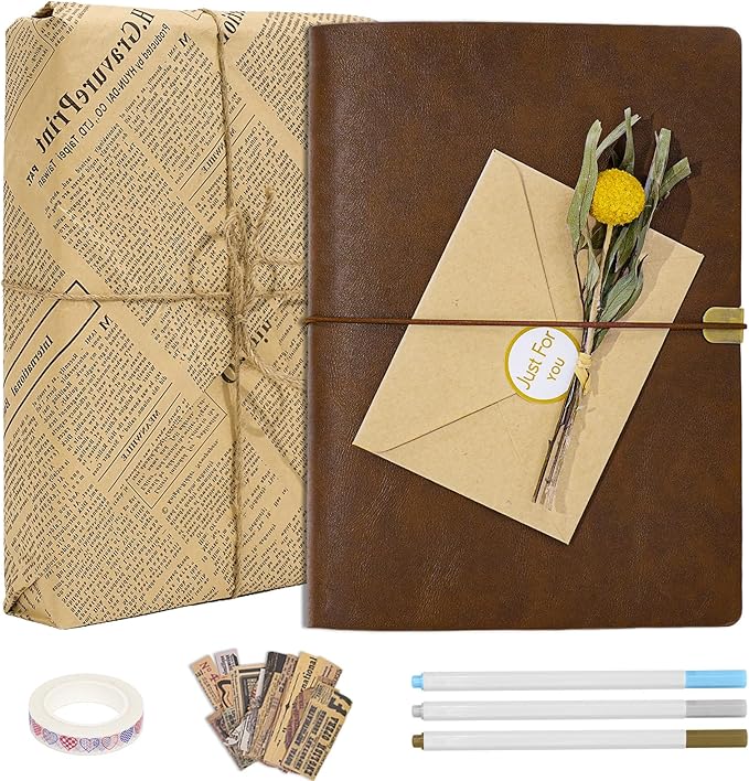 Vienrose Photo Album Scrapbook Kit, 3 Ring Faux Leather Cover DIY Memory Book Kraft Paper with 30 Sheets 60 Pages, Vintage Scrapbooking Supplies Set for Wedding, Anniversary, Family, Gifts, Brown