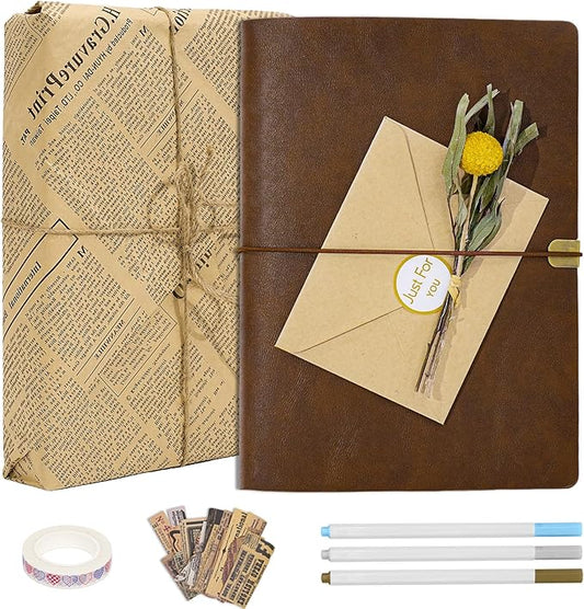 Vienrose Photo Album Scrapbook Kit, 3 Ring Faux Leather Cover DIY Memory Book Kraft Paper with 30 Sheets 60 Pages, Vintage Scrapbooking Supplies Set for Wedding, Anniversary, Family, Gifts, Brown