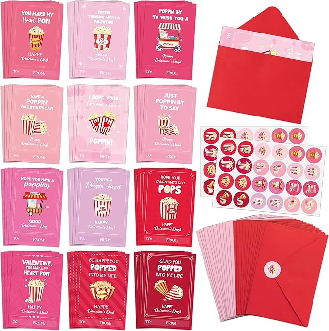 TICIAGA 144pcs Valentine’s Day Popcorn Corn Greeting Cards with Envelop Movie Night and Snack Stickers for Kids Retro Poppin Notecard Exchange Gift for Boys and Girls School Classroom Party Favors