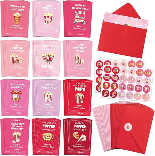 TICIAGA 144pcs Valentine’s Day Popcorn Corn Greeting Cards with Envelop Movie Night and Snack Stickers for Kids Retro Poppin Notecard Exchange Gift for Boys and Girls School Classroom Party Favors