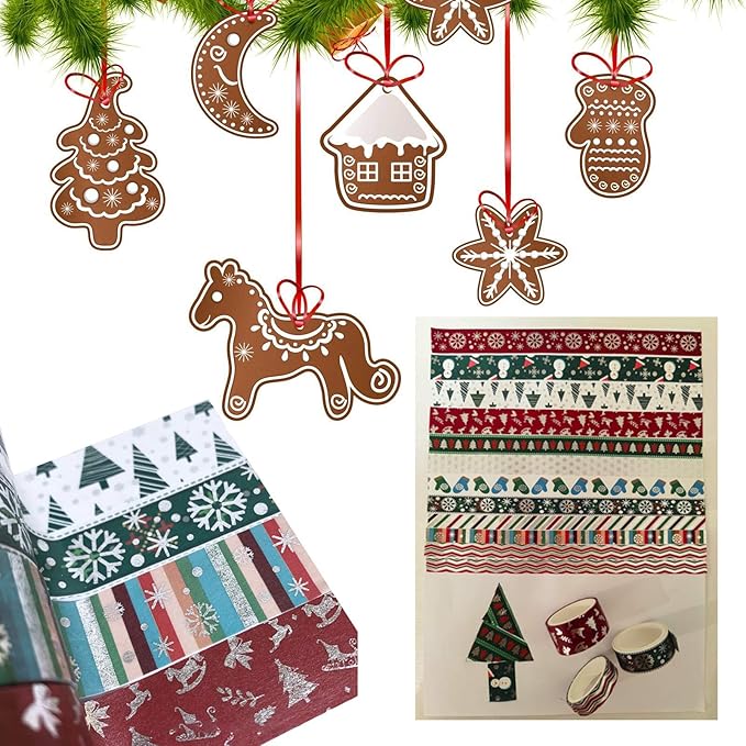 Christmas Holiday Washi Tape Set Xmas Winter Foil Washi Masking Tape Bullet Journal Kids Chirstmas Craft Supplies with Snowflake Tree Deer Striped, Perfect for Christmas Card Gift Wrapping 24 Rolls