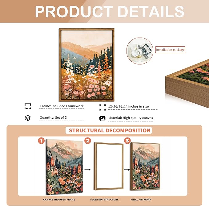 Floating Framed Boho Colorful Mountain Wall Art Set of 3, Vintage Wildflower Landscape Canvas Wall Decor Paintings, Nature Floral Forest Posters Pictures Prints for Living Room Bedroom 12x16 Inch