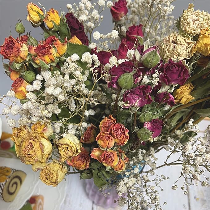 L'BREVOGA Dried Flowers with Stem, 16 inches Dried Spray Rose with Baby's Breath for Floral Arrangments Home Decoration (Rose)