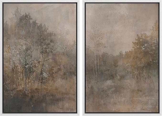 SIGNWIN Framed Canvas Print Wall Art Set Misty Forest Landscape Neutral Woodland Nature Illustrations Modern Art Scenic Colorful for Living Room, Bedroom, Office - 16"x24"x2 White