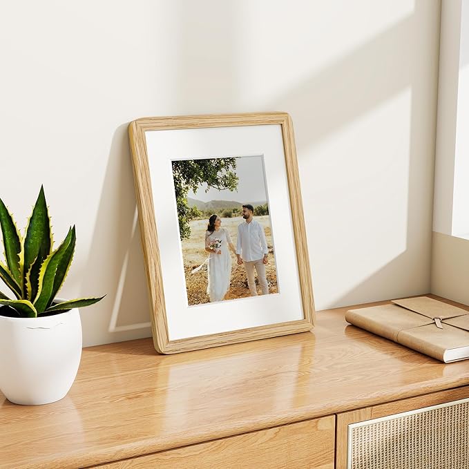 Dreamland 8.5x11 Picture Frame, Solid Oak Wood Photo Frame with Mat for 6x8, Round Corner 8.5 x 11 Matted Picture Frames with Resistant Plexiglass for Wall Mounting or Tabletop, Oak Color, Set of 1