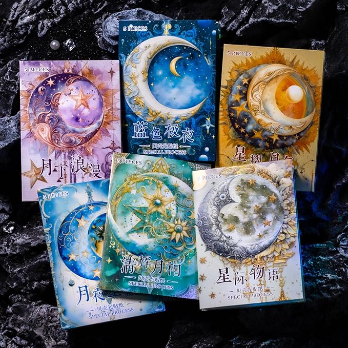 30 Sheets Holographic Fantasy Star Moon Scrapbook Paper - Self Adhesive Shiny Mysterious Starry Night Scrapbook Washi Stickers for Junk Journal Supplies,Planner,Album Craft Supplies