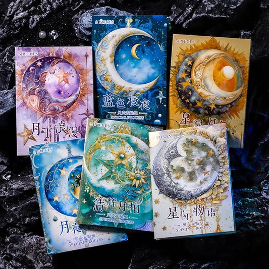 30 Sheets Holographic Fantasy Star Moon Scrapbook Paper - Self Adhesive Shiny Mysterious Starry Night Scrapbook Washi Stickers for Junk Journal Supplies,Planner,Album Craft Supplies