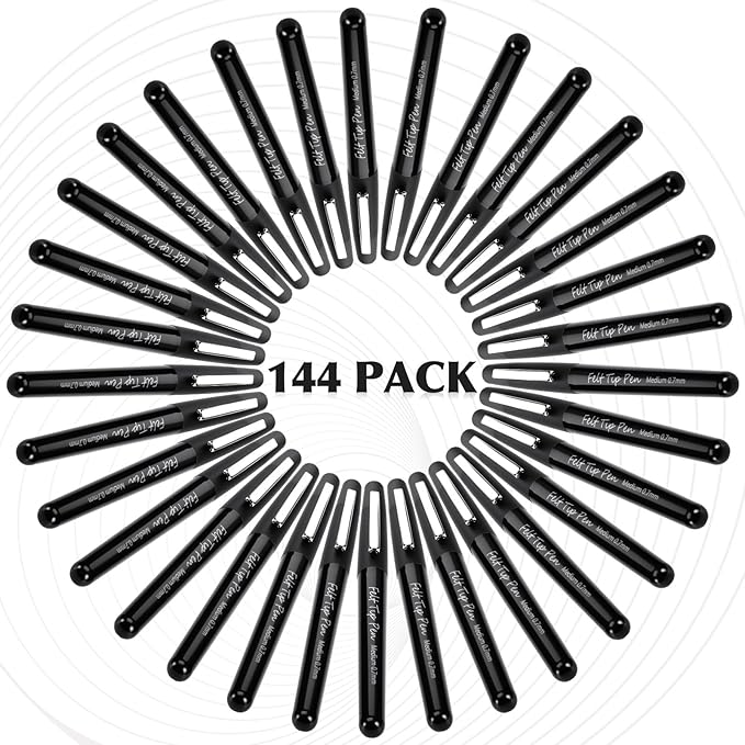 144 Pcs Black Felt Tip Pens 0.7mm Medium Point Pens Bulk, Felt Tip Markers for Journaling, Writing, Note Taking, Planner, Ideal for Office School Art Supplies Gift