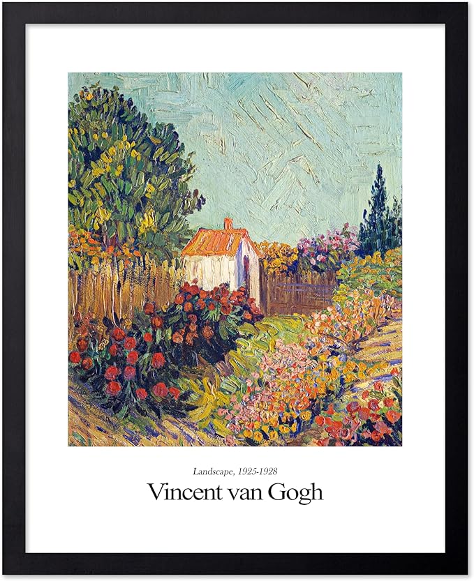 Monem Art Vintage Van Gogh Poster - Retro Impressionist Print - Flower Garden, Cottage, Sky, Colorful, Landscape - Gift for Artist, Friend - Wall Decor for Home, Office, 8x10 Black Framed
