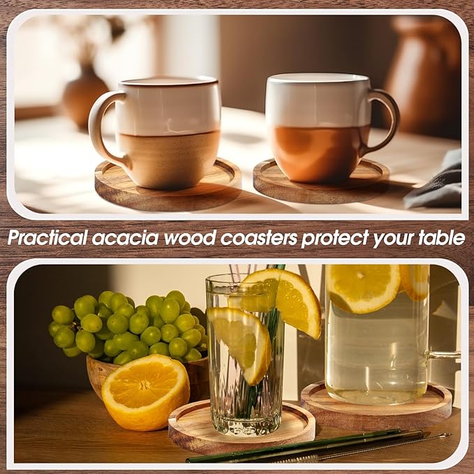 Zhehao 16 Pcs Acacia Wood Coasters Bulk 4 Inch Wooden Stackable Reusable Drink Coasters for Coffee Tea Table Protection Table Bar Home Desk Supplies Housewarming Gifts(Round)