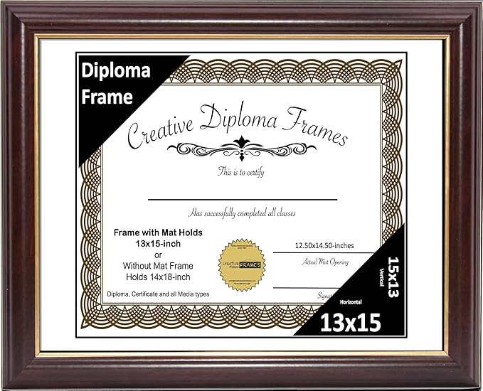 Creative Picture Frames 13x15 Mahogany Gold Rim Diploma Frame with White Mat Glass and Installed Wall Hangers | Frame Holds 14x18 Media without Mat