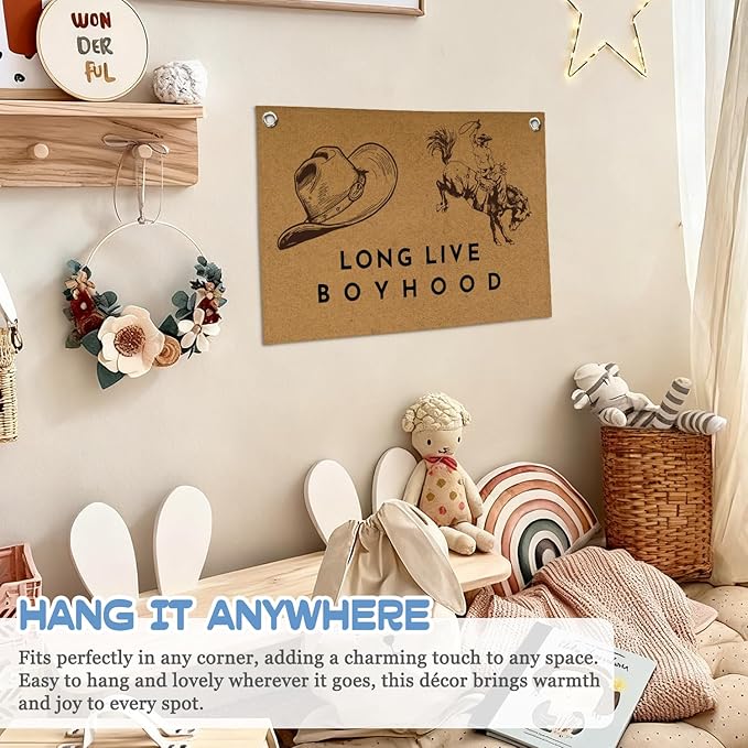Vintage Western Long Live Boyhood Wall Hanging,Western Farmhouse Cowboy Banner Print,Cowboy Nursery Decor Boy,Retro Cowboy Wall Art for Boys Room Bedroom Home Farmhouse 30X20 Inch