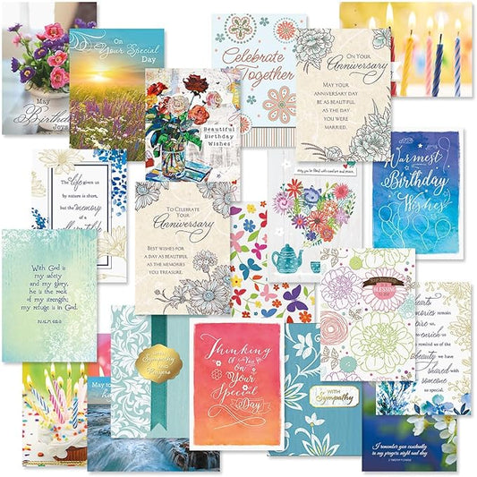 Current Faith All Occasion Value Pack - 20 Cards With Envelopes, Celebration, Get Well, Sympathy, Birthday, Anniversary & Thinking of You Variety, Large 5" x 7" Assortment, 20 Design Set