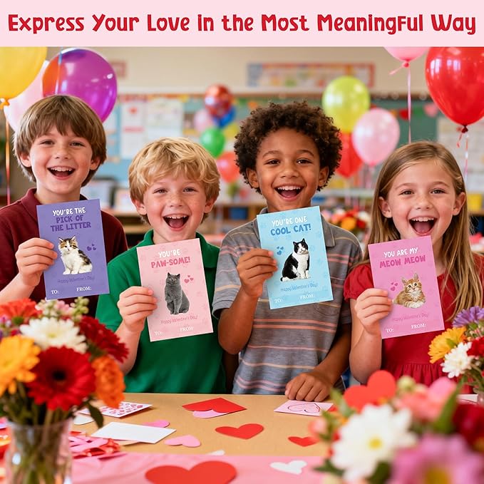 TICIAGA 144pcs Valentine's Day Cat Animal Greeting Card with Envelop and Stickers for Kids, Cute Kitten Catling Pet Notecard Exchange Gift for Boys and Girls School Classroom, Valentines Party Favors