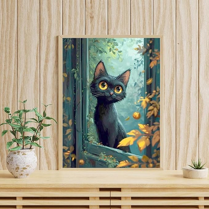 mrpwnle Black Cat Diamond Art Kits for Adults, Cat Diamond Painting Kits for Adults Beginners, 5D Diamonds Paintings Round Full Drill Gem Art Kit, Home Wall Decor Gifts 12x16inch
