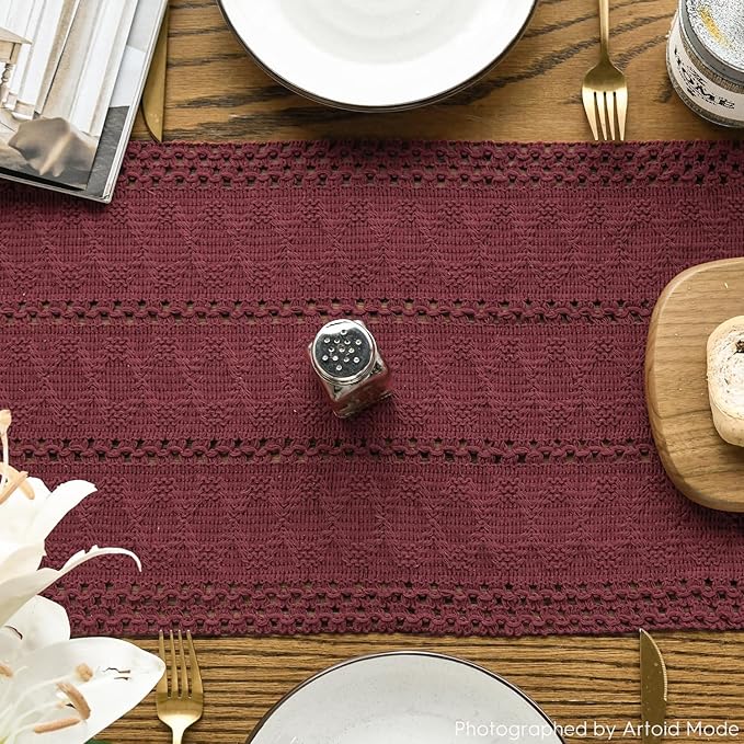 Artoid Mode Red Farmhouse Woven Rustic Hollow Table Runner, Seasonal Holiday Hollow Kitchen Dining Table Decoration for Home Party Decor 12x120 Inch