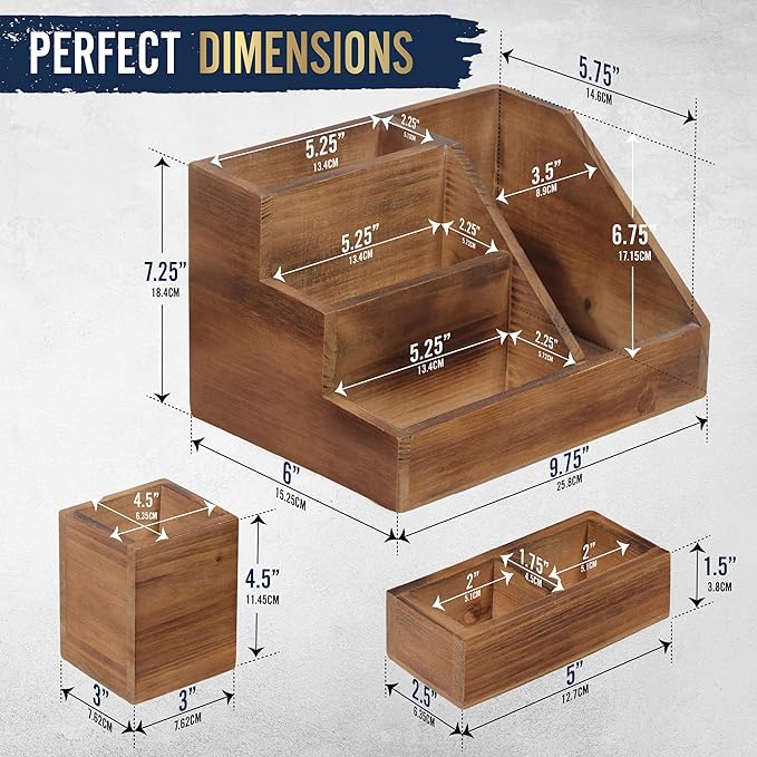HBCY Creations 3 Piece Rustic Wooden Desk Organizer Set - Mail Organizer for Desktop - Great for Industrial Home Decor! Makeup Organizer for Vanity